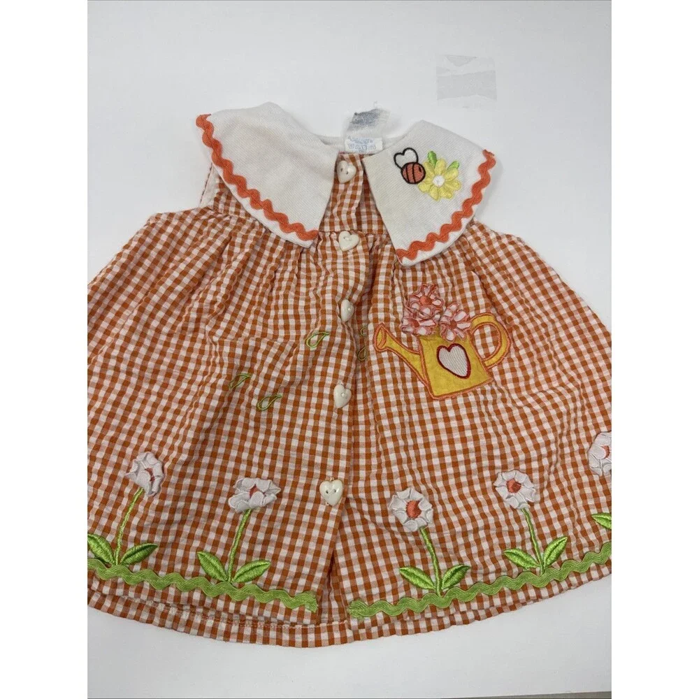 Vintage Cradle Togs Baby Girl Orange Gingham Dress Flower Bee Outfit w/ hat 12M